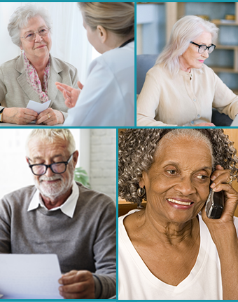 An older woman listening to another woman, a man smiling and reading, a woman on a laptop, and a woman on the phone