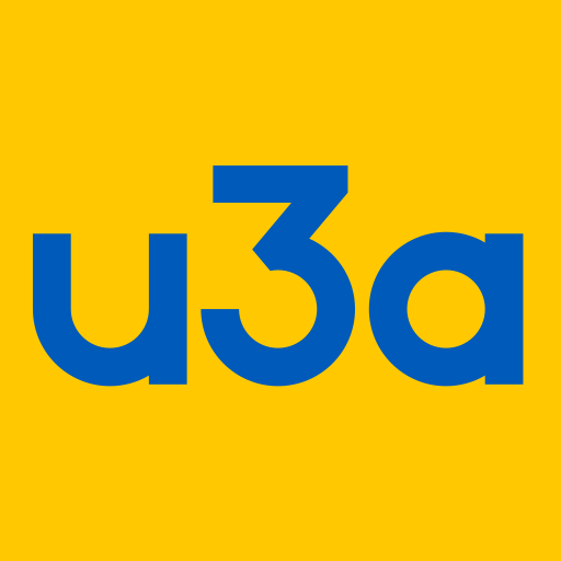 Llythrennau glas 'U3A' yn erbyn cefndir melyn. // Blue 'U3A' letters against a yellow background.