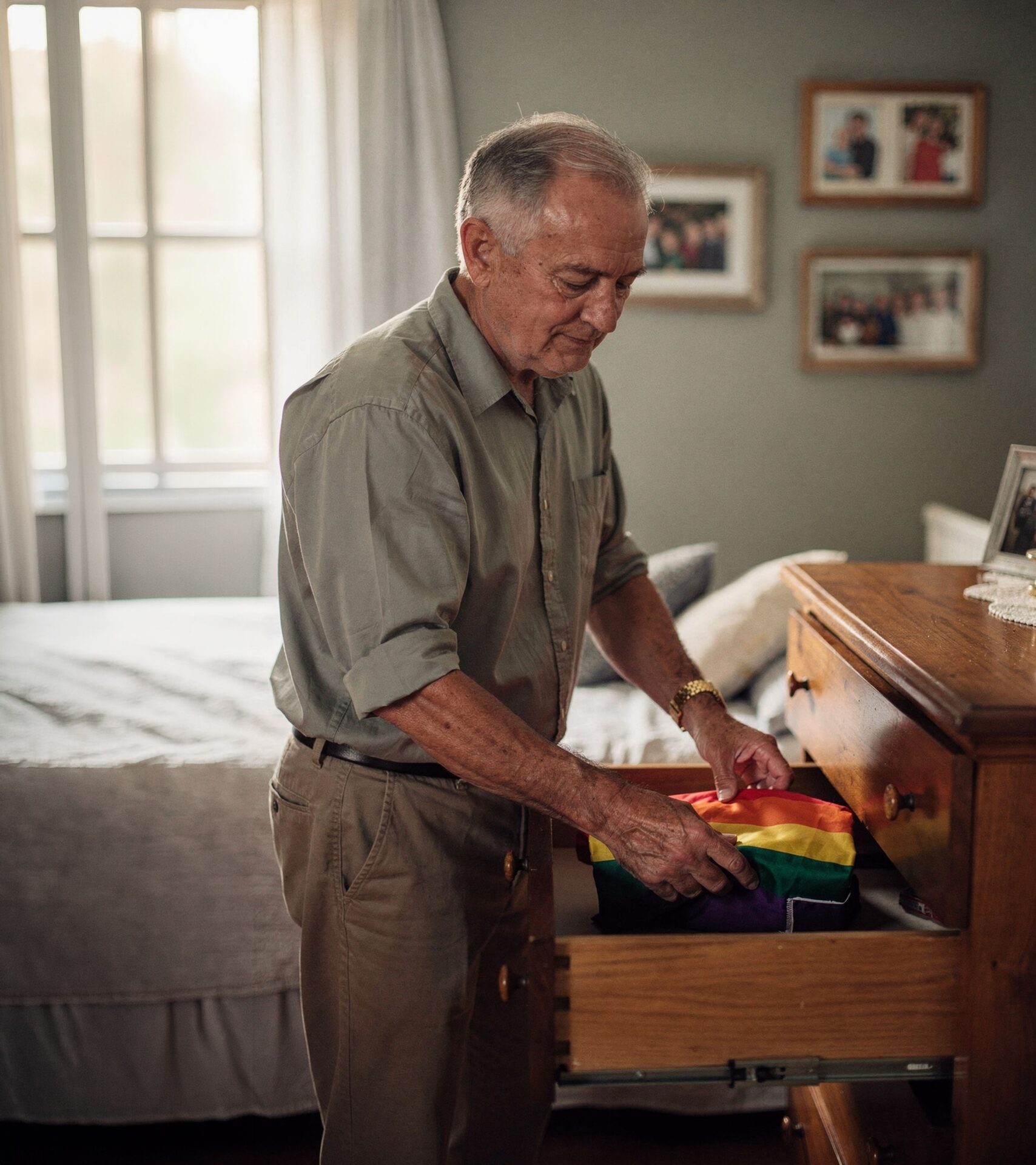 An older person stands beside a wooden chest of drawers in a bedroom, looking down while placing or retrieving a folded rainbow Pride flag from an open drawer. The room is softly lit by daylight from a nearby window and includes a bed and framed family photographs on the wall in the background. The image conveys a private domestic setting, with the rainbow flag providing a prominent focal point.